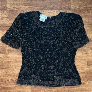 Women’s Ste’nay black/hold/silver gray beaded fancy silk dress top size M